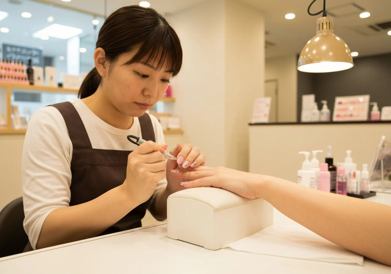 淡いピンクと銀色のパーツで仕上げたネイルアートの手元