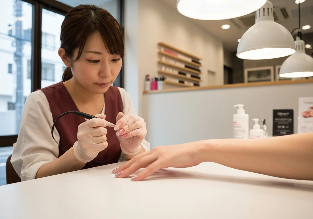 細かなラメが入ったグラデーションネイルの手元